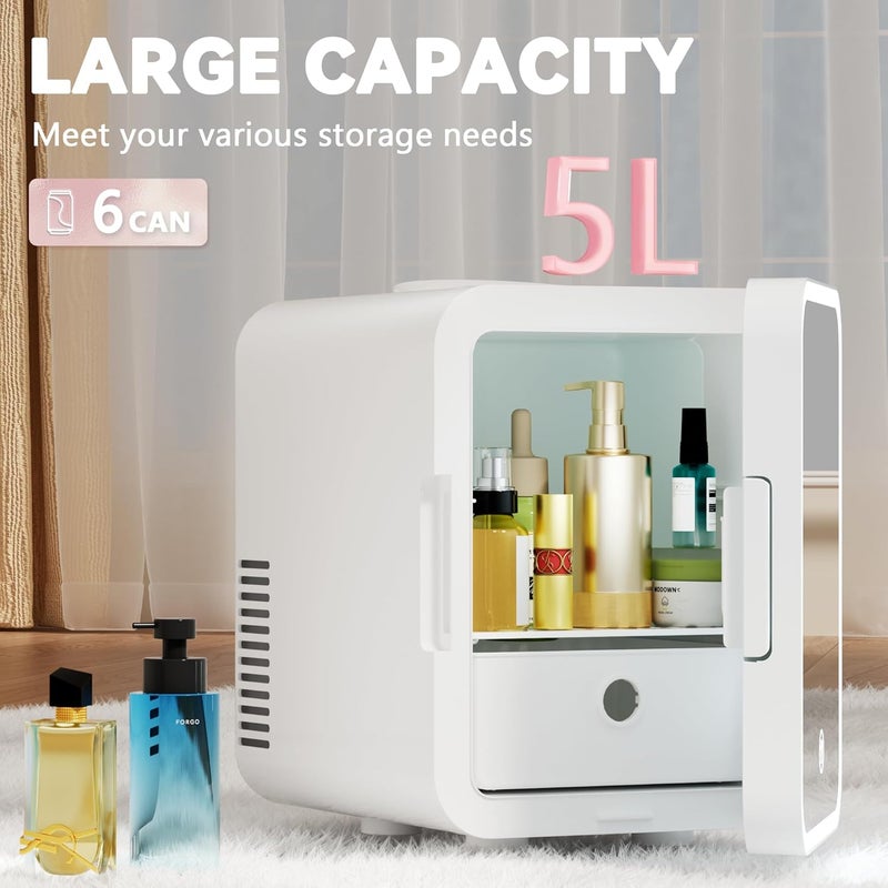 EUHOMY Mini Fridge, 5L AC/DC Small Refrigerator with Dimmable LED Mirror, Portable Cooler and Warmer for Skin Care, Cosmetics, Beverage, 5L Makeup Mini Skincare Fridge for Bedroom, Car, Office, White - Image 2